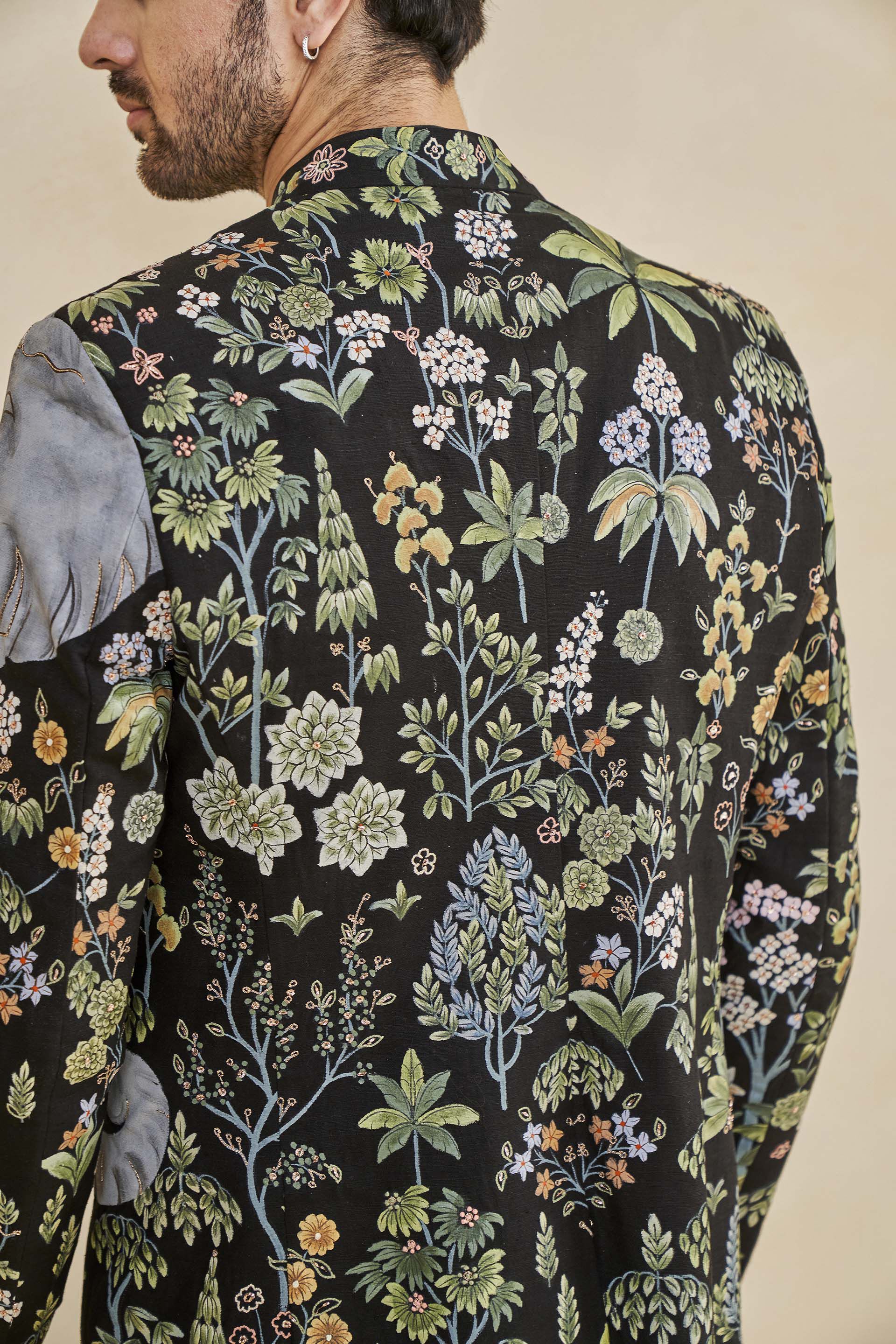 Haathi Harmony Hand-painted Pichhwai Silk Bandhgala - Black, Black, image 5